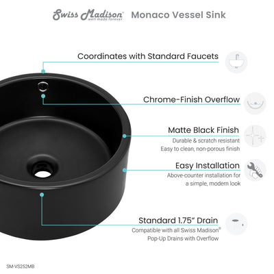 Monaco 16.5” Round Vessel Sink in Matte Black