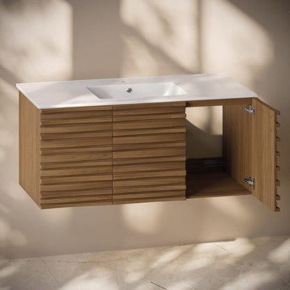 Cascade 48" Wall-Mounted Bathroom Vanity in Brown Oak with Sink Top