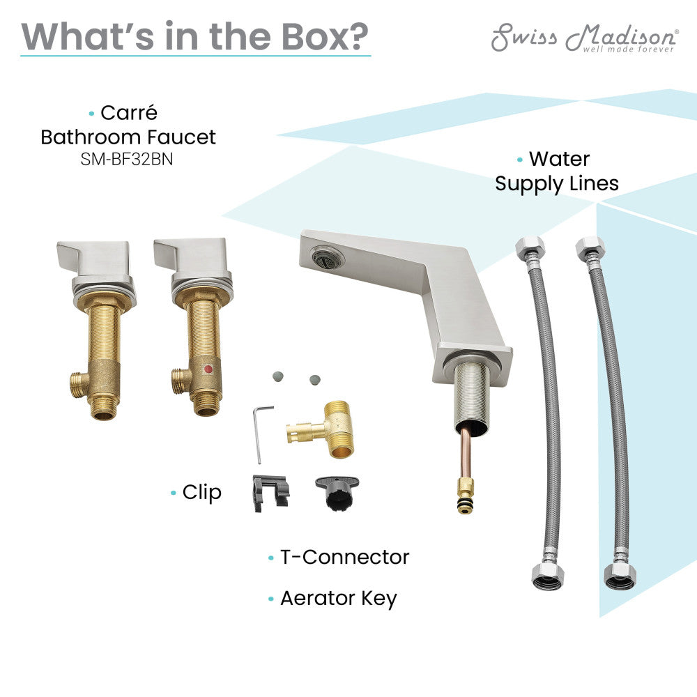 Widespread two-handle bathroom faucet in brushed nickel with water supply lines and installation accessories.