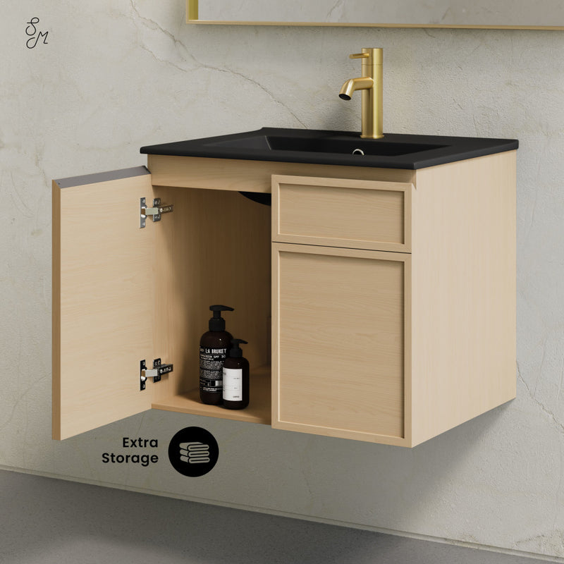 St. Tropez 24" Wall-Mounted Bathroom Vanity in Natural Oak with Black Sink Top