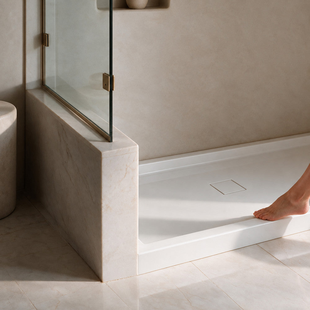 Marquette 42" x 34" Single or Double-Threshold Shower Pan Base with Center Drain and Removable Flange in Glossy White