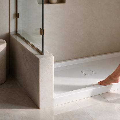 Marquette 42" x 34" Single or Double-Threshold Shower Pan Base with Center Drain and Removable Flange in Glossy White
