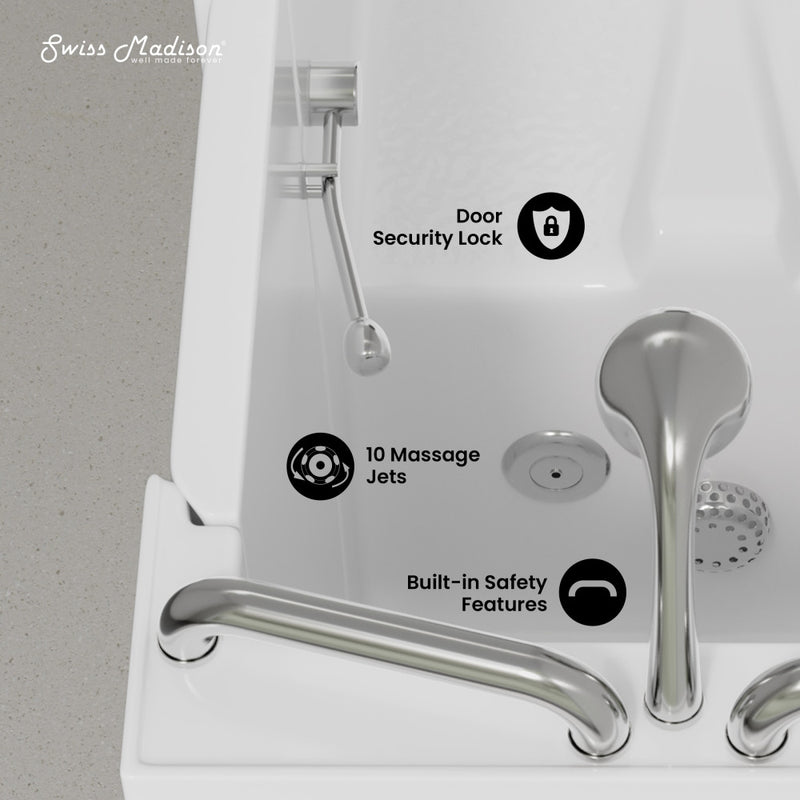 Auvergne 53" x 27" ADA Right Drain Walk-in Soaking Bathtub with Massage Jets in Glossy White, Faucet Set, Drain, Grab Bars, Pillow Included