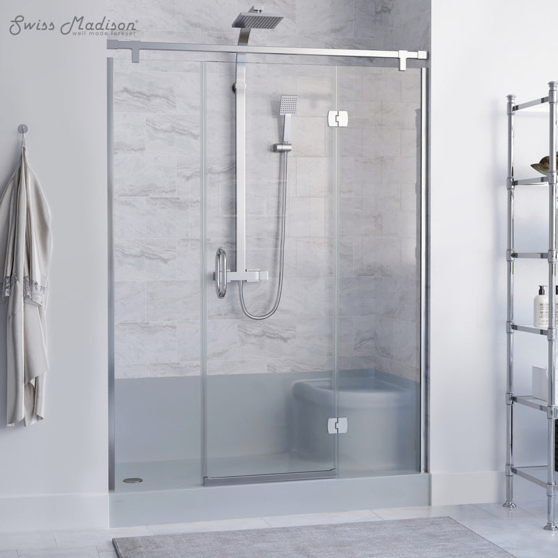 Aquatique 60" x 32" Single Threshold Shower Base With Left Hand Drain and Integral Right Hand Seat in Grey