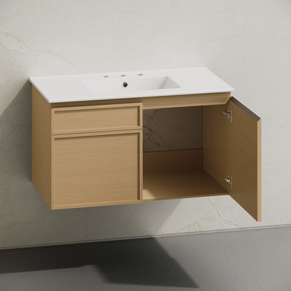 St. Tropez 36" Wall-Mounted Bathroom Vanity in Natural Oak with 3-Hole Widespread Sink Top