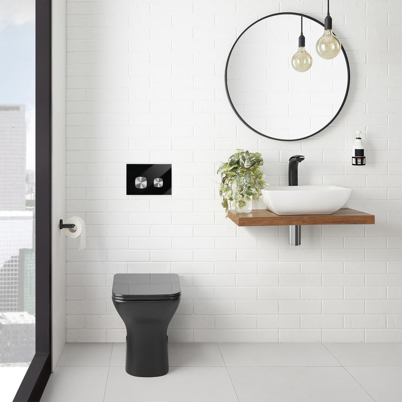 Verre Wall Mount Dual Flush Glass Actuator Plate in Glossy Black with Silver Flush Buttons