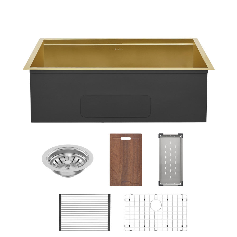 32-inch undermount workstation kitchen sink in polished gold stainless steel with accessories.