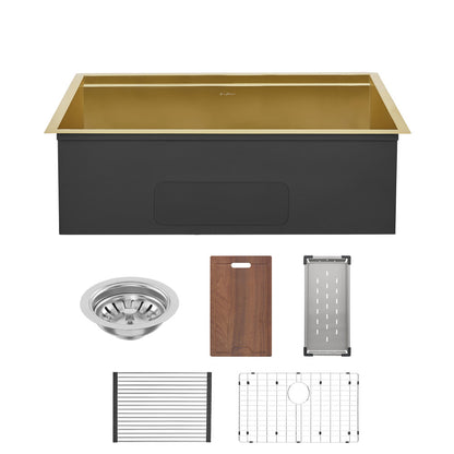 32-inch undermount workstation kitchen sink in polished gold stainless steel with accessories.