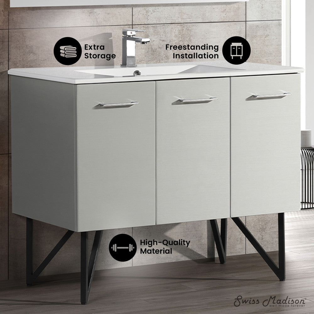 48-inch freestanding gray bathroom vanity with single sink, metal legs, and three soft-close doors.