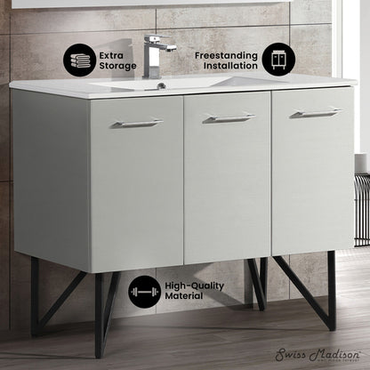 48-inch freestanding gray bathroom vanity with single sink, metal legs, and three soft-close doors.