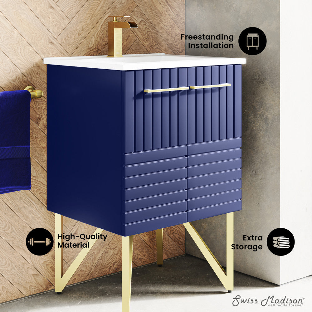 24-inch freestanding bathroom vanity in granger blue with single sink and soft-close doors.
