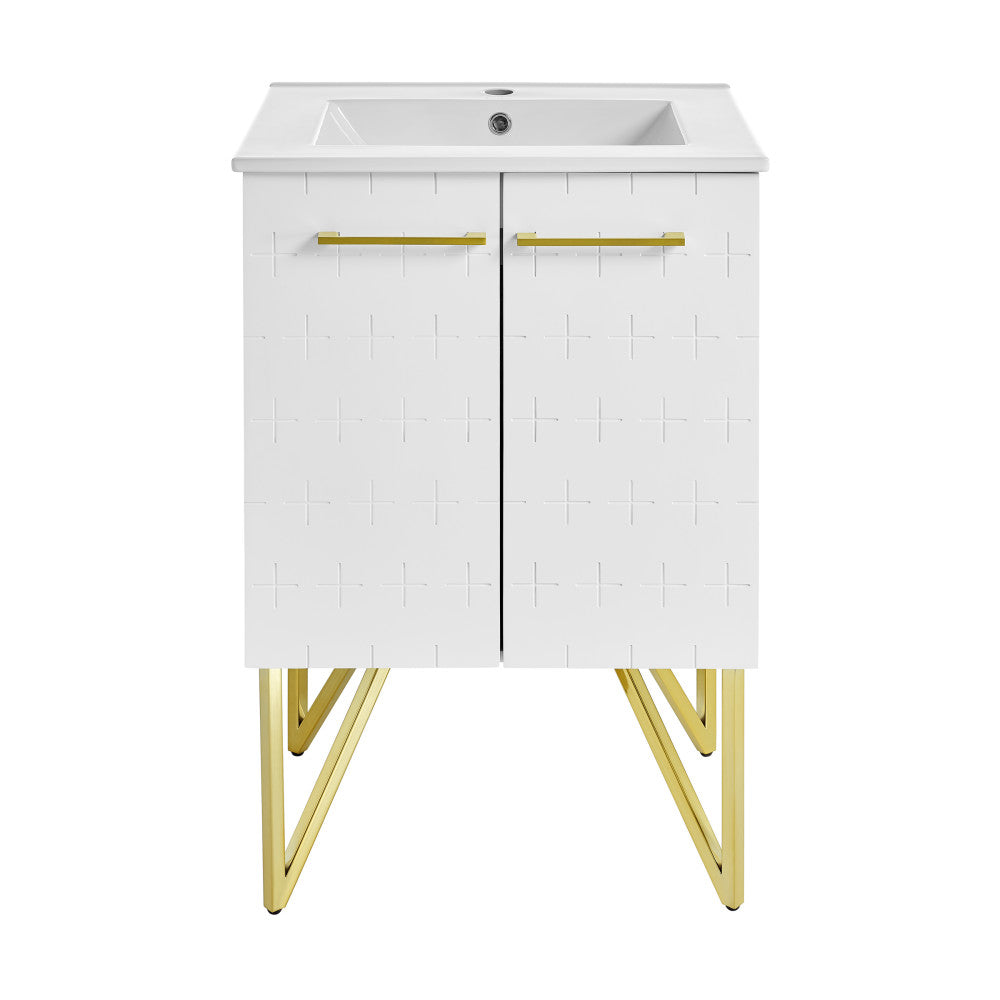 24-inch freestanding bathroom vanity in galaxy white with soft-close doors and gold legs.