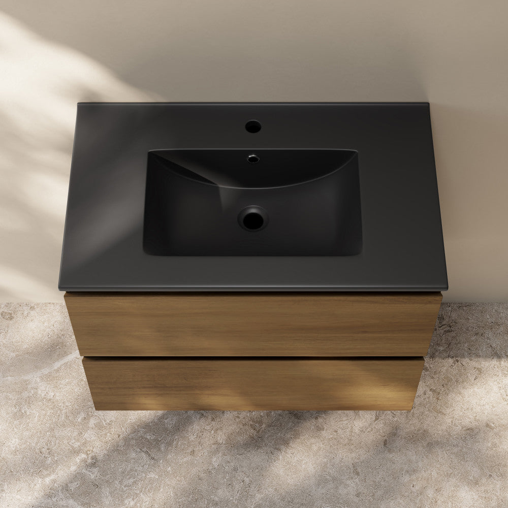 Liberte 30" Wall-Mounted Bathroom Vanity in Brown Oak with Black Sink Top