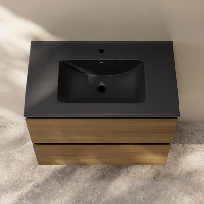 Liberte 30" Wall-Mounted Bathroom Vanity in Brown Oak with Black Sink Top
