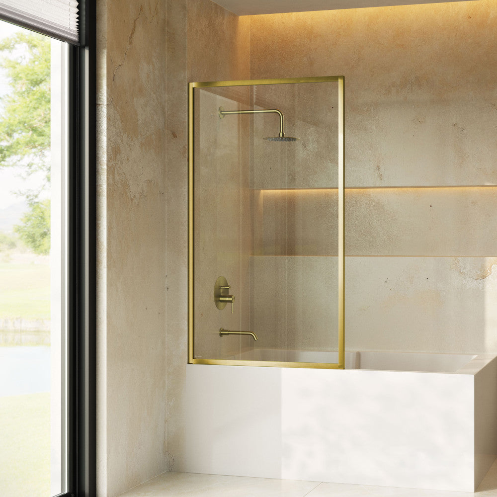 Pierre 34 x 58 Framed Fixed 3/8 in. (10mm) Clear Tempered Glass Tub Door with Brushed Gold Frame