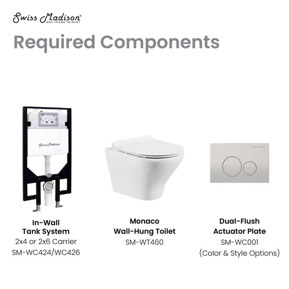 Round wall-hung toilet bowl with soft-close seat and dual-flush actuator plate in white porcelain.