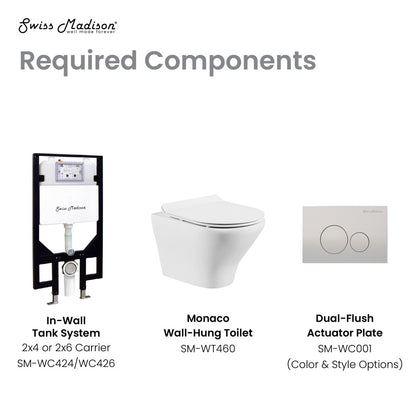 Round wall-hung toilet bowl with soft-close seat and dual-flush actuator plate in white porcelain.