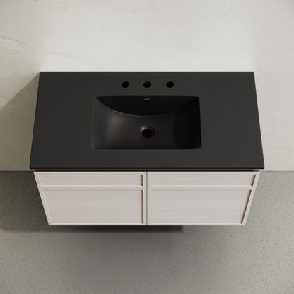 St. Tropez 36" Wall-Mounted Bathroom Vanity in White Oak with Black 3-Hole Widespread Sink Top