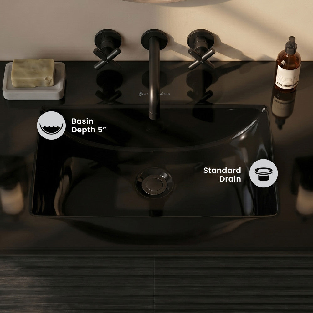 24" Zero Hole Vanity Sink Top in Glossy Black