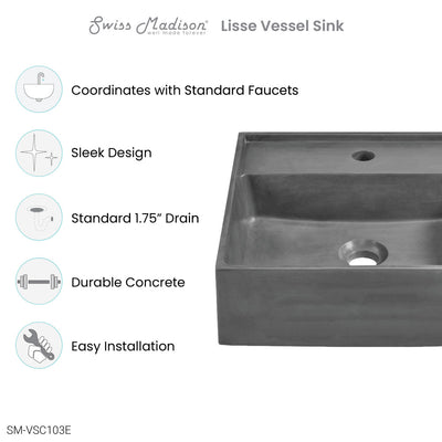 Lisse 16" Square Concrete Vessel Bathroom Sink in Dark Grey