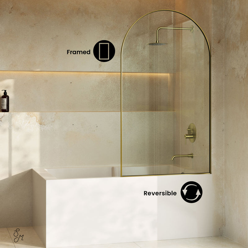 Porte 34 x 58 Framed Fixed 3/8 in. (10mm) Clear Tempered Glass Tub Door with Brushed Gold Frame