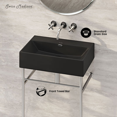Claire 24" Rectangle Matte Black Zero Hole Console Sink with Polished Chrome Legs