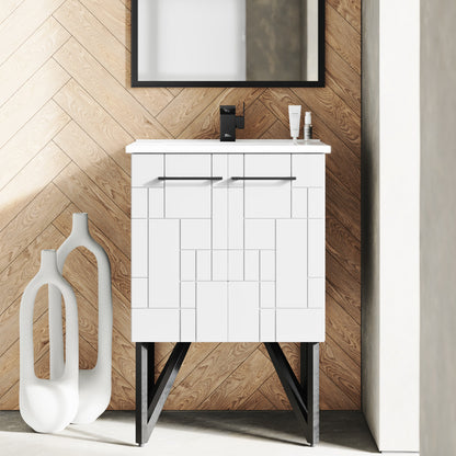 24-inch freestanding bathroom vanity in Mondrian white with single sink and black metal legs.