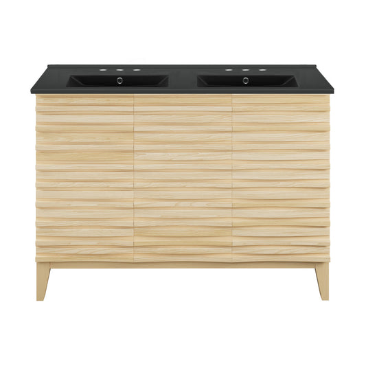 Cascade 48 in. Natural Oak, Double Basin Bathroom Vanity With Black, 3-Hole Ceramic Sink Top