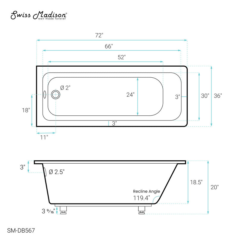 Voltaire 72" x 36" Reversible Drain Drop-In Bathtub