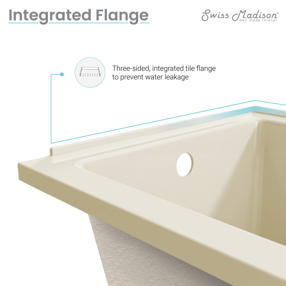 Alcove soaking bathtub 60 inch with right-hand center drain in bisque, three-sided integrated flange.