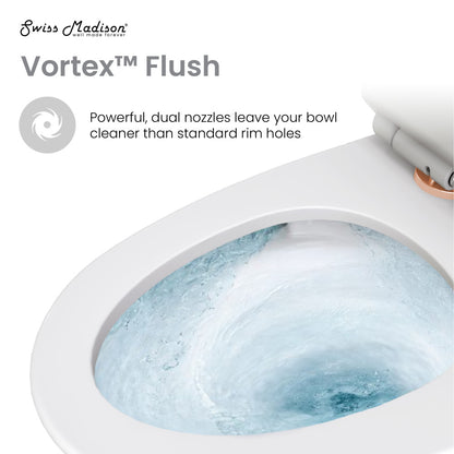 Elongated one-piece toilet with dual vortex flush and rose gold hardware.