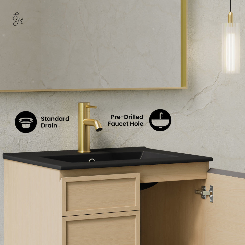 St. Tropez 24" Wall-Mounted Bathroom Vanity in Natural Oak with Black Sink Top