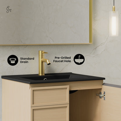 St. Tropez 24" Wall-Mounted Bathroom Vanity in Natural Oak with Black Sink Top