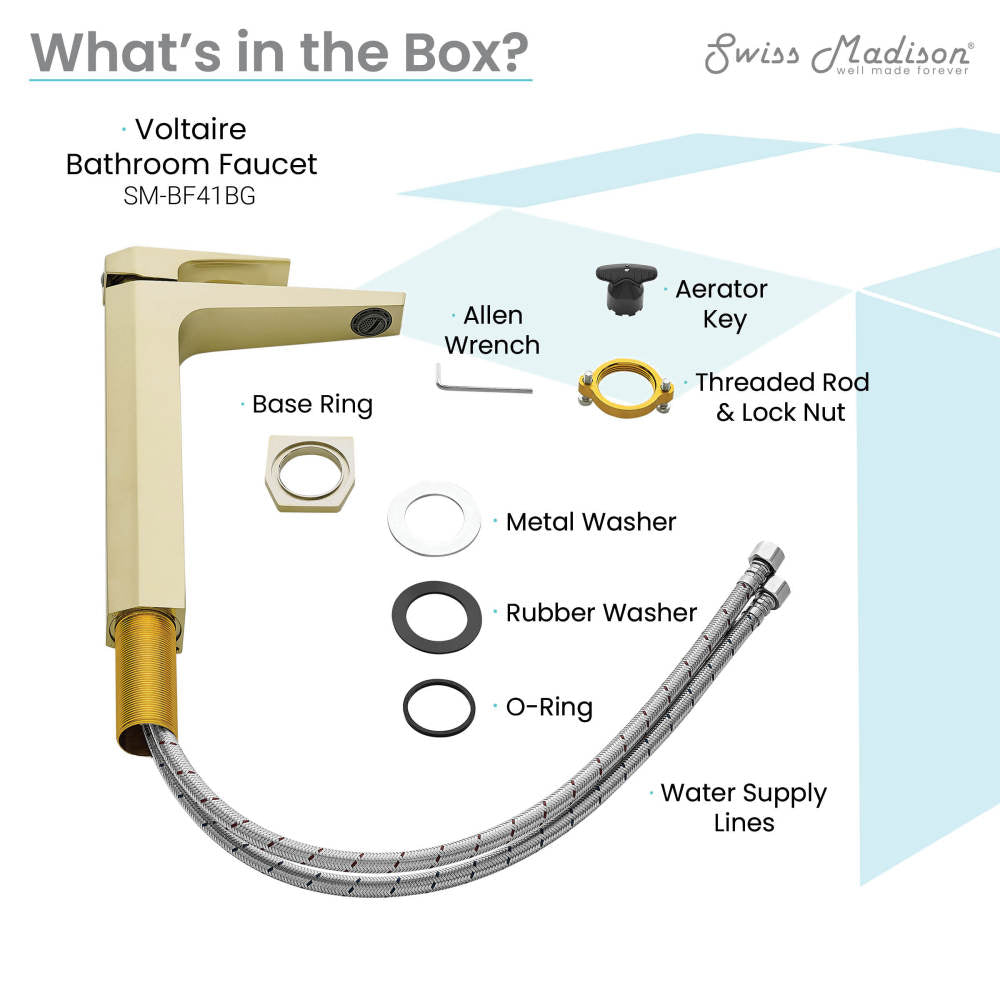 Single-handle high arc bathroom faucet in brushed gold, includes base ring and water supply lines.