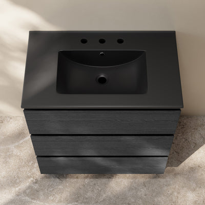 Liberte 30" Freestanding Bathroom Vanity in Black Oak with Black 3-Hole Widespread Sink Top