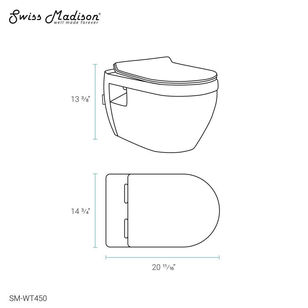Elongated wall-hung toilet in glossy white with dual flush and included flush plate.