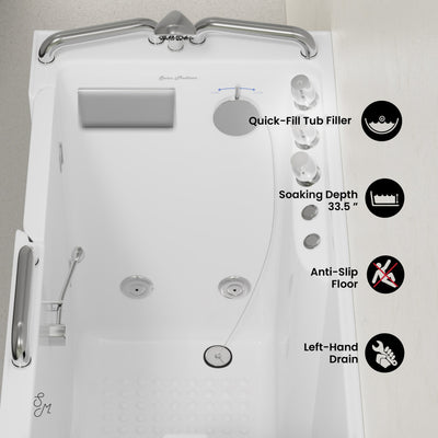 Auvergne 53" x 27" ADA Left Drain Walk-in Soaking Bathtub with Massage Jets in Glossy White, Faucet Set, Drain, Grab Bars, Pillow Included