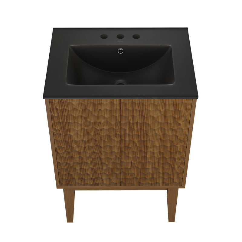 Bosse 24" Freestanding Bathroom Vanity in Brown Oak with Black 3-Hole Centerset Sink Top