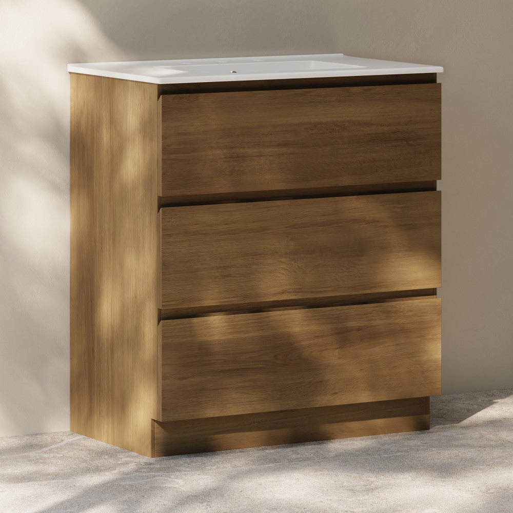 Liberte 30" Freestanding Bathroom Vanity in Brown Oak with 3-Hole Widespread Sink Top