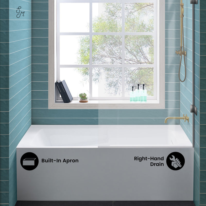 Voltaire 60 x 32 Skirted Right Drain Soaking Apron Bathtub in Glossy White with Integrated Overflow and Armrest, Drain Included