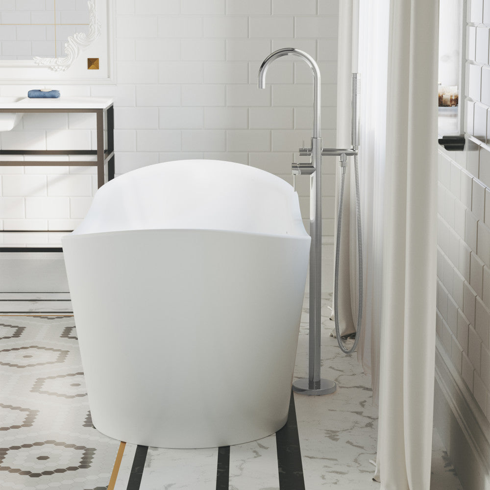 Freestanding bathtub faucet in brushed nickel, single handle with curved spout and hand shower attachment.