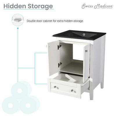 Cannes 24 in. White Bathroom Vanity With Black Ceramic Sink Top