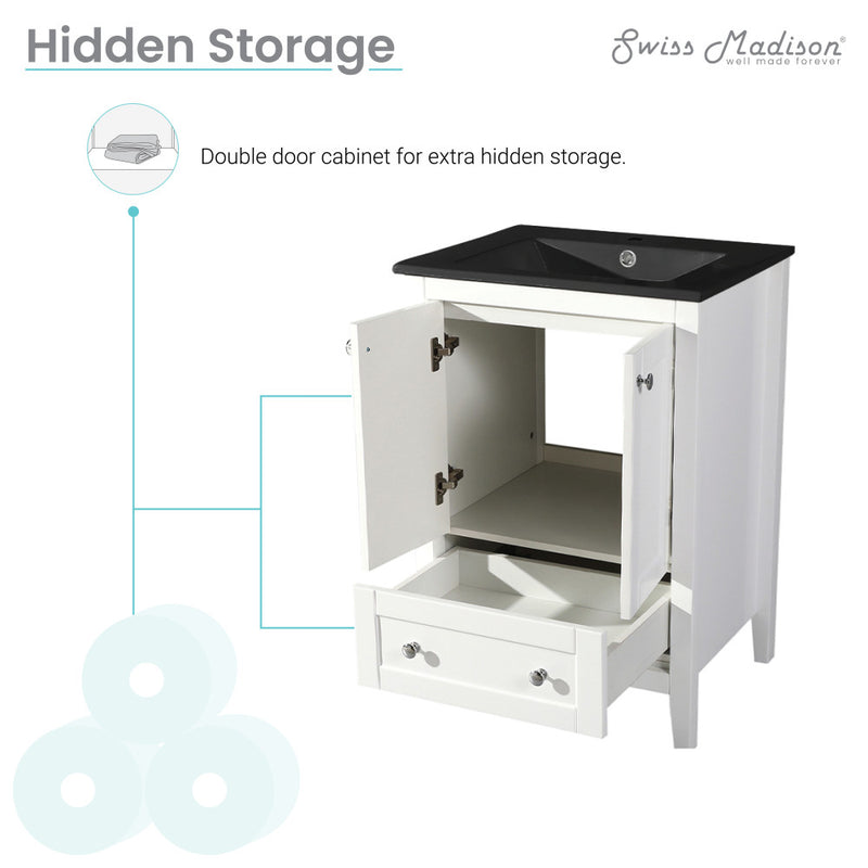 Cannes 24 in. White Bathroom Vanity With Black Ceramic Sink Top