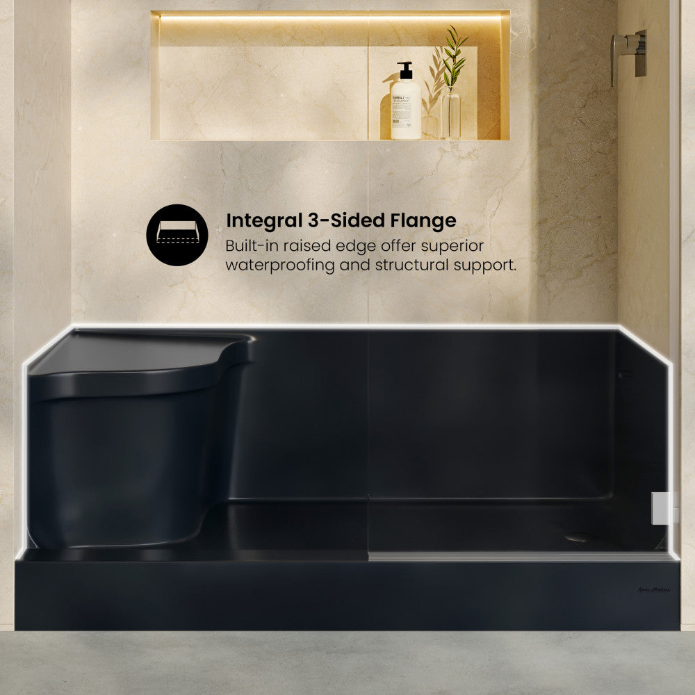Aquatique 60" x 32" Right Drain, Shower Base in Matte Black