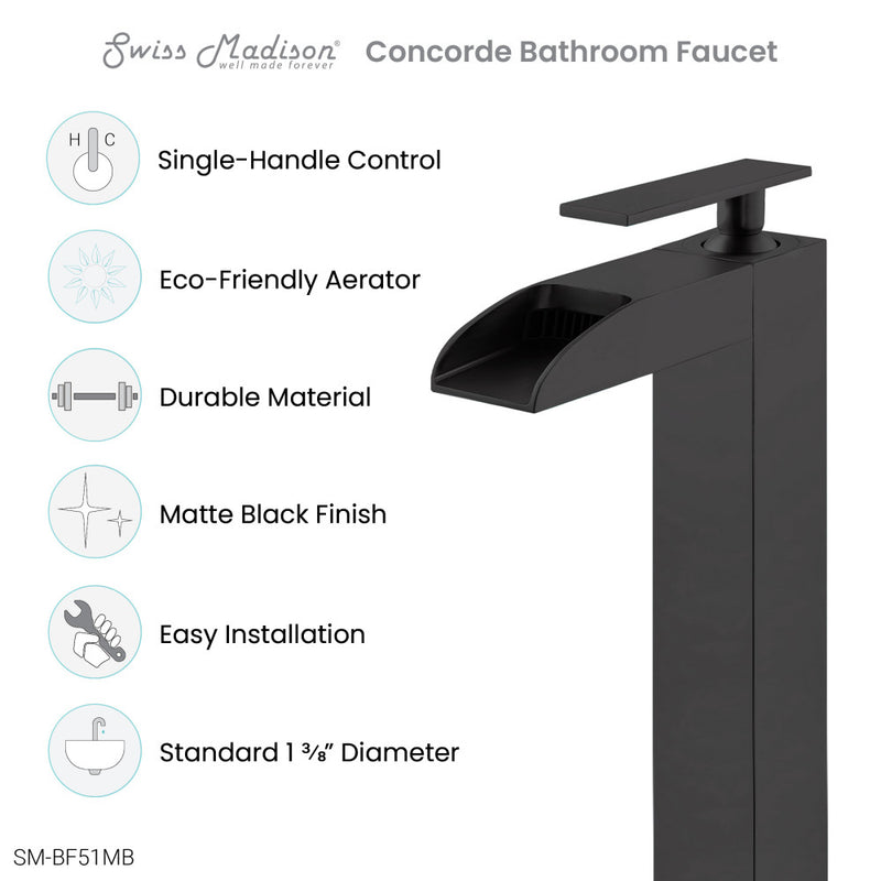 Concorde Single Hole, Single-Handle, High Arc Waterfall, Bathroom Faucet in Matte Black