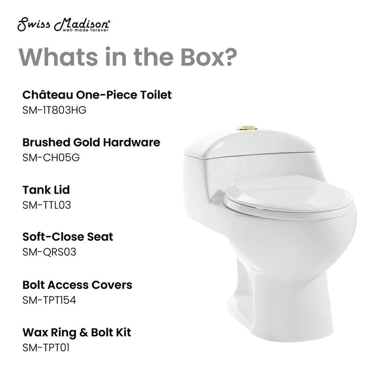 Chateau One Piece Elongated Toilet Dual Flush, Brushed Gold Hardware 1.1/1.6 gpf