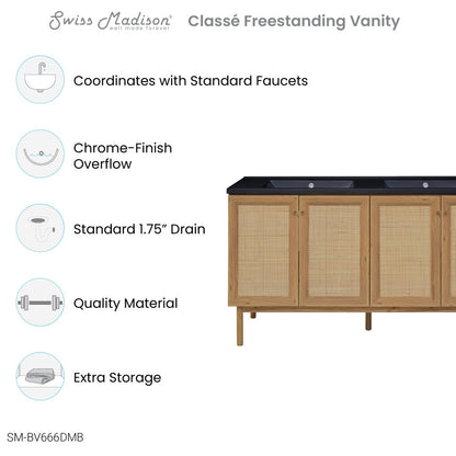 Classe 60" Freestanding Bathroom Vanity in Golden Oak with Black Double Basin Sink Top