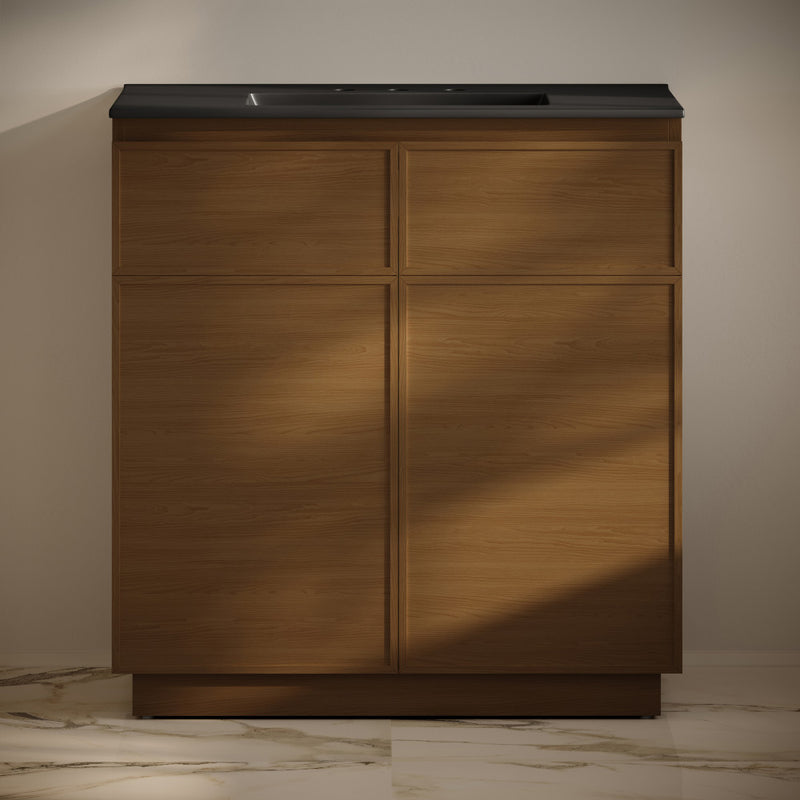 St. Tropez 36" Freestanding Bathroom Vanity in Brown Oak with Black 3-Hole Widespread Sink Top