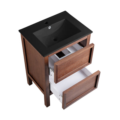 Nadar 24 in. Brown Walnut Bathroom Vanity With Black Ceramic Sink Top