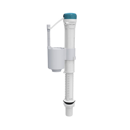 Toilet fill valve replacement part in white and turquoise with adjustable float mechanism.